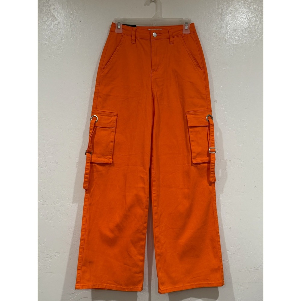 American Bazi Orange Cargo Wide Leg Pants High Rise Utility Grommet Straps Small - Picture 2 of 9